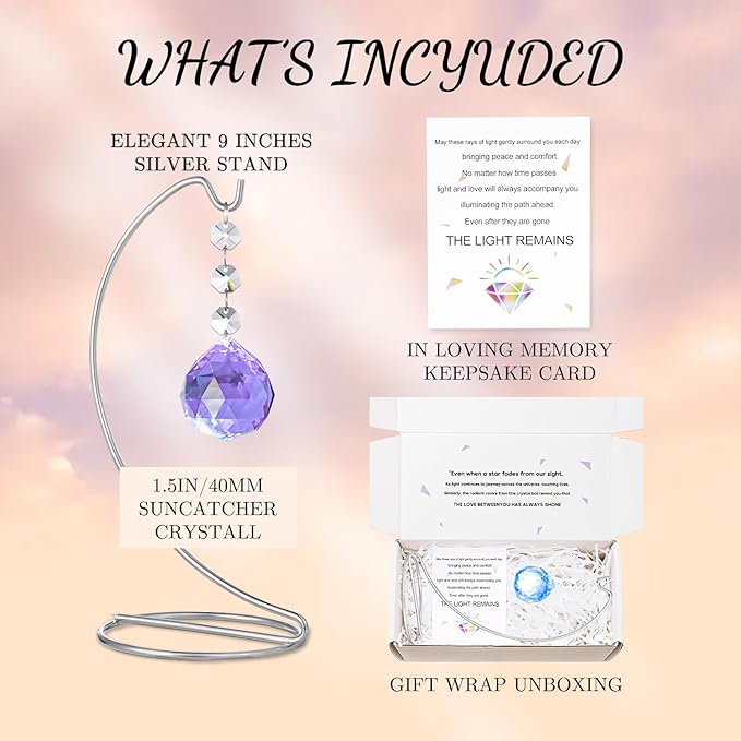 9-Inch,Unique Sympathy Gifts for Loss of Loved One,40mm Crystal Suncatcher,Condolences Gift for Loss of Mom Dad Friend Son Daughter,in Memory of Loved One Gifts,Silver Stand and a Sympathy Card