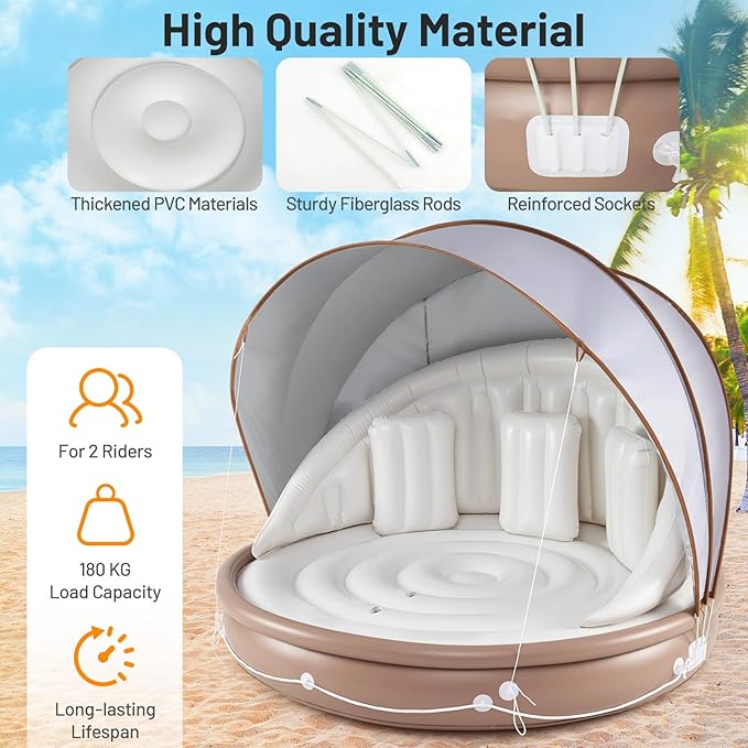 Moccha Inflatable Island with Canopy - 440 lbs Party Floats with SPF50+ Retractable Detachable Sunshade & 3 Pillows, 2-3 Person Tanning Lounger, 73” Pool Daybed, Floating Island for Lake