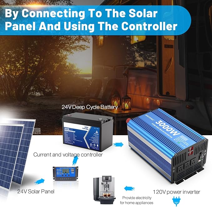 3000 Watt Pure Sine Wave Power Inverter 24V DC to 110V 120V Converter for Home, RV and Off-Grid Solar Systems with 3 AC Outlets, Dual USB Ports, LCD Display and Remote Control