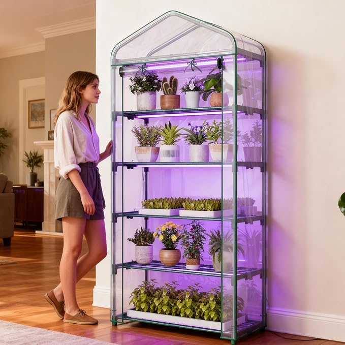 Indoor Greenhouse with Grow Light, 5-Tier Mini Greenhouse 35.4"x19"x74.8" Small Greenhouse with Zippered PVC Cover for Seed Starting Trays, Dimmable Plant Light for Indoor Plants with Timer