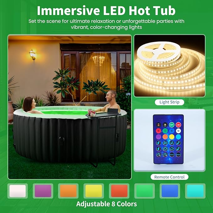 2 Person Inflatable Hot Tub with LED Lights, Oval Blow Up Portable Hot Tub, Leak-Proof PVC Outdoor Spa with 100 Strong Air Jets, Pump and Insulated Cover, Side Table, 75” X 47”X 25”