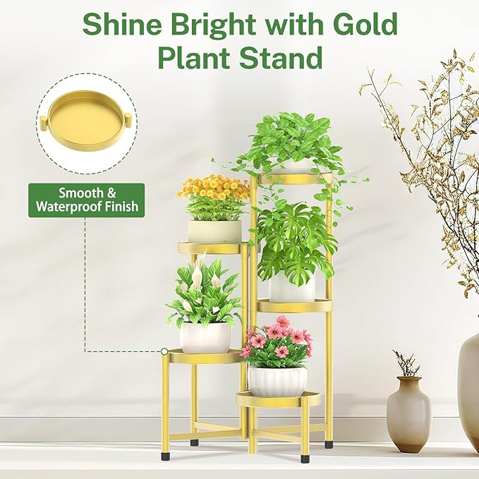 iDavosic.ly Plant Stand Indoor Outdoor, 5 Tier Corner Metal Flower Display Holder Shelf, Folding Tall Orchid Rack for Patio Balcony Porch Garden Living Room House, Gold