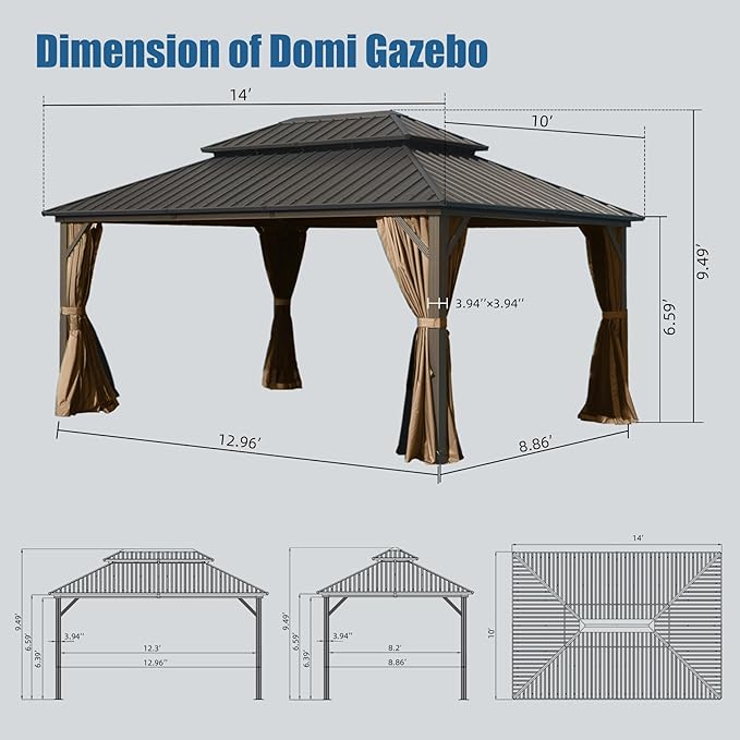 Domi 10' x 14' Hardtop Gazebo Permanent Metal Gazebo with Galvanized Steel Double Roof, Curtains and Netting for Party, Wedding, Outdoor Dining, Patio, Backyard, Brown