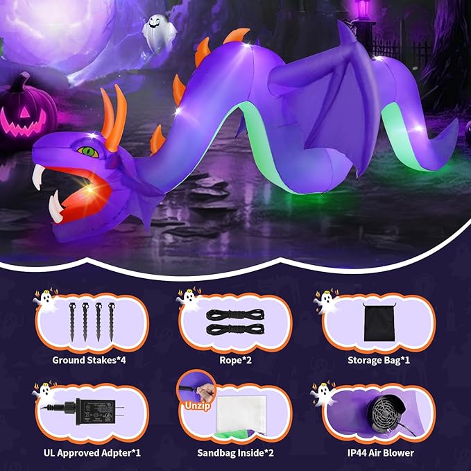 12FT Halloween Inflatables Outdoor Decoration, Large Flying Dragon with Openning Red Mouth Blow Up, Giant Outside Hanging Inflatable with 7 LEDs Light Up for Holiday Yard Lawn Patio Parties Display