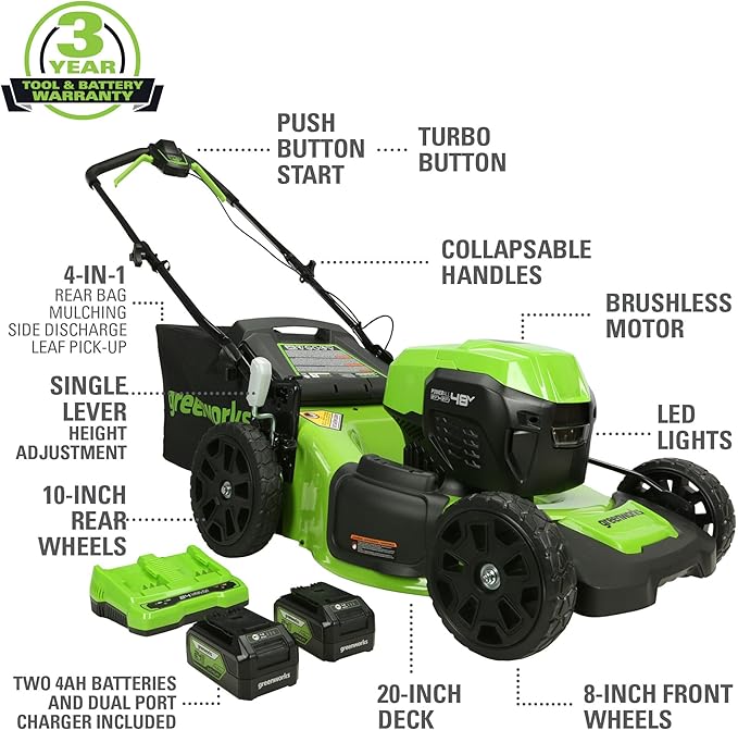 Greenworks 48V (2x24V) Lawn Mower Combo - 21" self propelled Lawn Mower, 12" String Trimmer, 320 CFM Blower, Wet/Dry Shop Vacuum – Ideal for Home Yard Work & Indoor Cleaning