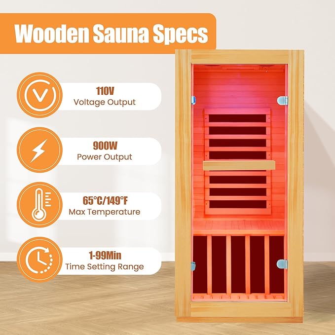 Far Infrared Sauna Home Sauna Room Canadian Hemlock Indoor 1 Person Sauna 900W 110V with Red Light Bluetooth Speakers 28.35"x32.28"x61.42"