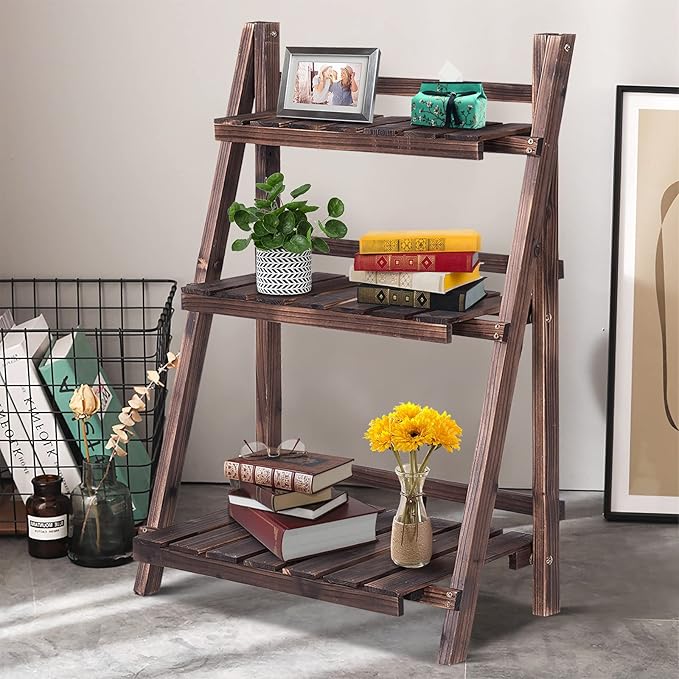 Giantex 3 Tier Folding Wooden Plant Stand, Indoor Flower Pot Holder Display Rack, Free Installation Corner Plants Storage Shelf, Foldable Rustic Wood Ladder Shelf for Home Patio Balcony Garden