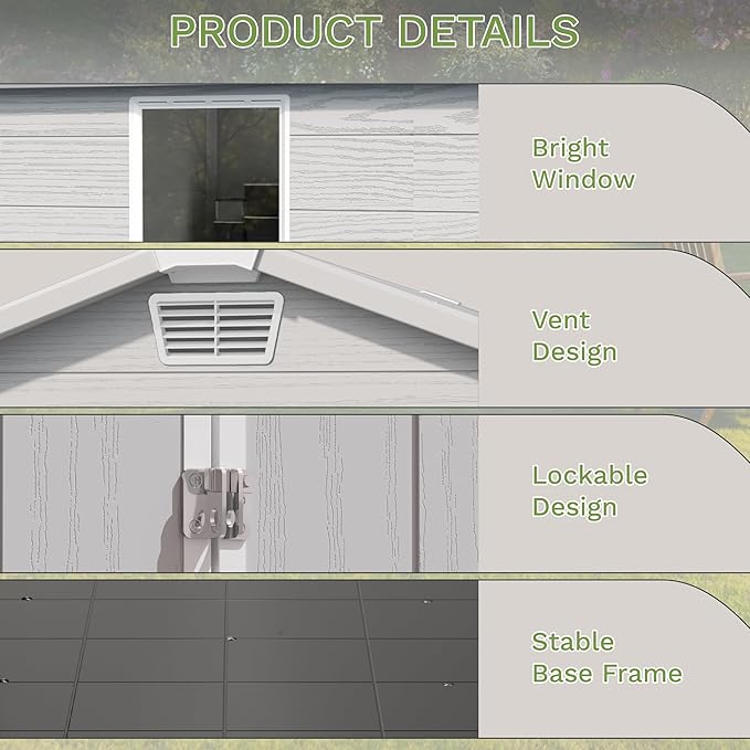 Greesum 6x4FT Plastic Outdoor Storage Shed with Floor, Resin Sheds with Lockable Double Door, Window & Vents, All-Weather Tool Sheds for Garden, Backyard, Patio, Light Gray