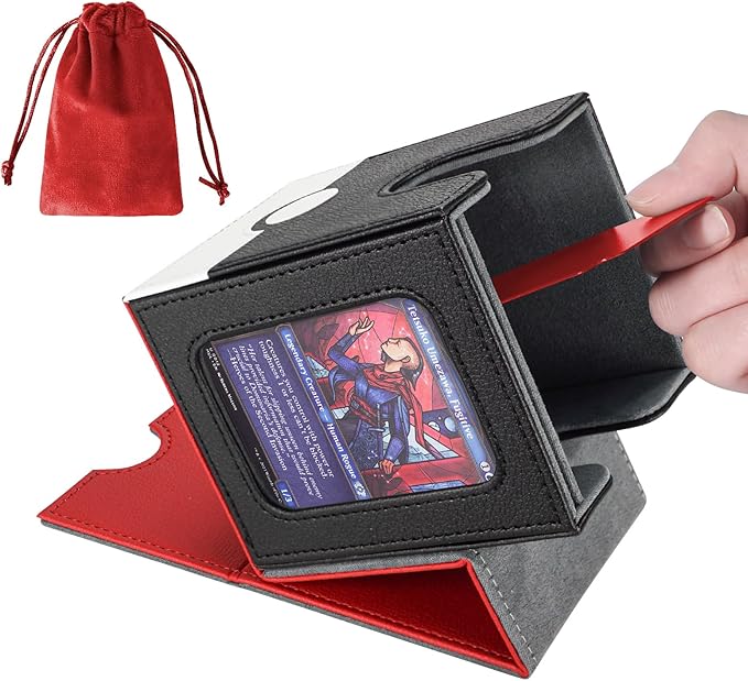 AFIING MTG Deck Box for Commander Display,Card Deck Case Fits 100 Double Sleeved Cards, Magic Commander TCG Card Storage Box with 2 Dividers,Dice Bag and 1 Toploader(Red Black)