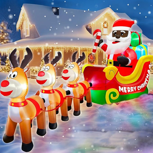 TURNMEON 12 Foot Long Christmas Inflatables Outdoor Decorations Black Santa Claus on Sleigh with Three Reindeer & Gift Box Inflatable Christmas Built-in LED Lights Blow Up Xmas Yard Lawn Garden Decor