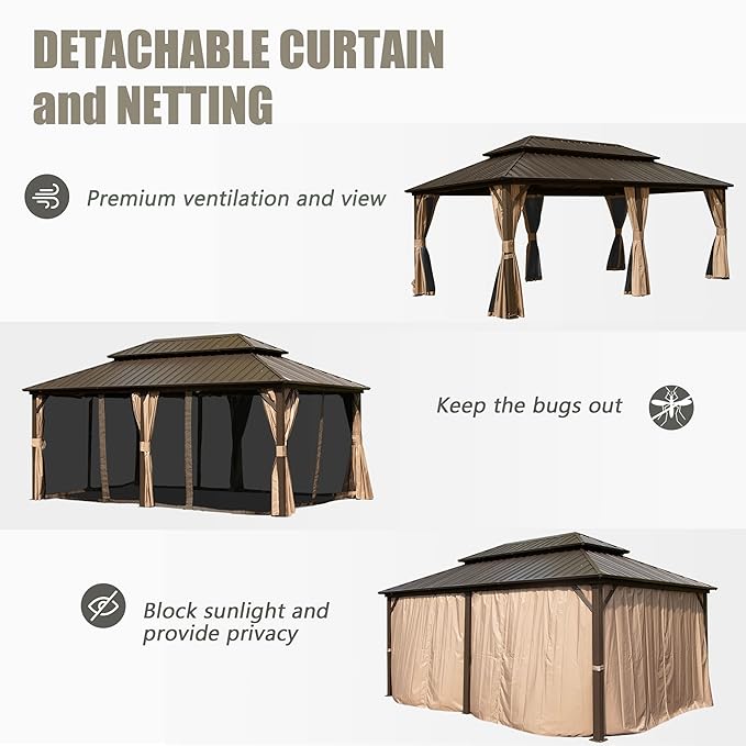 Domi 12'x20' Hardtop Gazebo Canopy - Outdoor MetalF with Galvanized Steel Double Roof, Curtain and Netting - Permanent Pavilion for Patio, Deck, Backyard