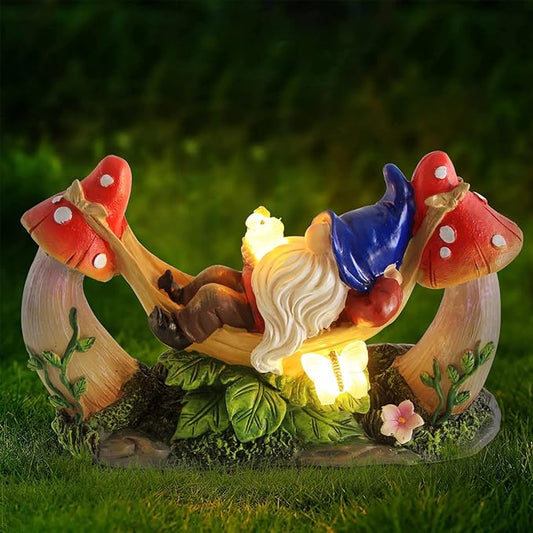 Outdoor Garden Gnome Statue,Solar Gnomes Figurine Lying on Hammock with Bird and Mushrooms,Outdoor Garden Decoration for Patio Yard Lawn Porch,Gifts for Mom/Grandma/Women