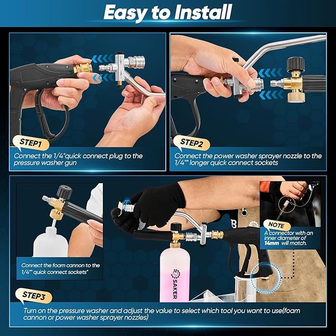 Saker Foam Cannon for Pressure Washer Kit with Quick Connect 3/8 Inch,Pressure Washer Gun for Car Washing and Cleaning,with 5 Power Washer Sprayer Nozzles