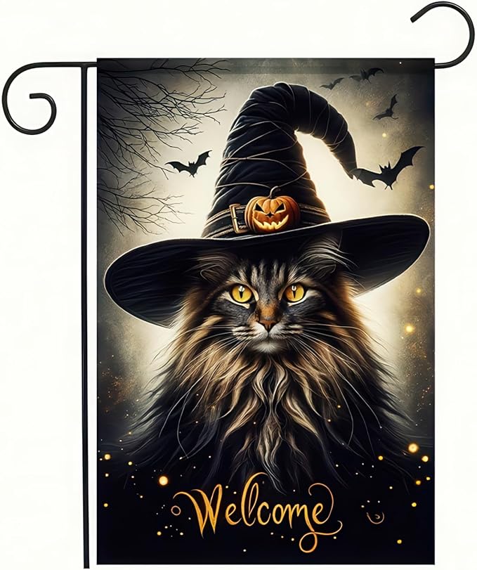 Double Sided Vertical Flag - 12x18 Halloween Cat Garden Flag for Outside, Fall Holiday Outdoor Decorative Flag