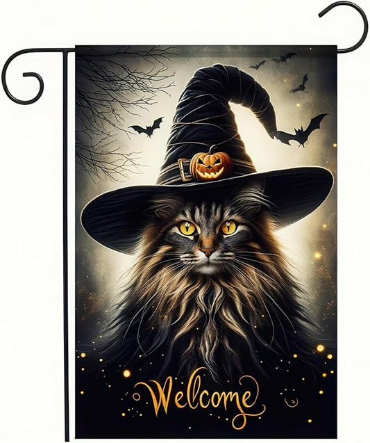 Double Sided Vertical Flag - 12x18 Halloween Cat Garden Flag for Outside, Fall Holiday Outdoor Decorative Flag
