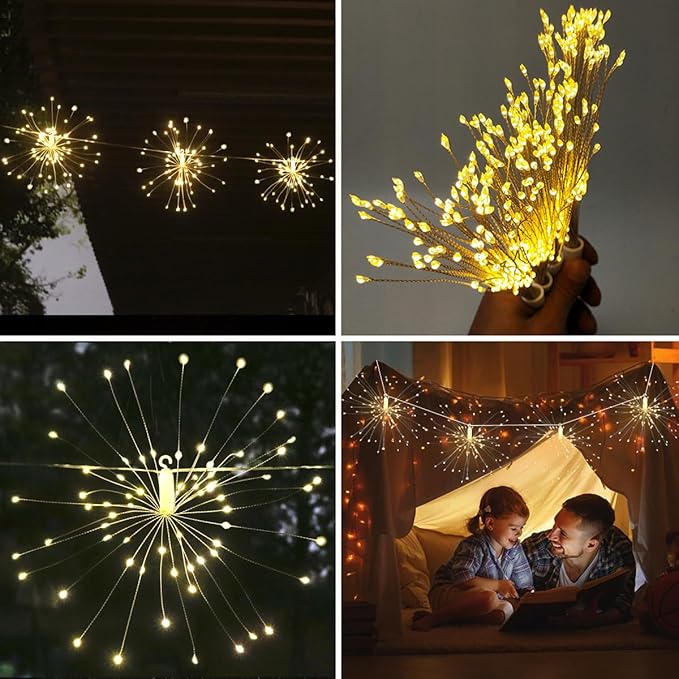 Remote Firework LED Copper Wire Starburst Lights - 10 Connection 600 LED Fairy Twinkle String Lights - 8 Modes With Remote Control, Dimming, Timer (Warm White)