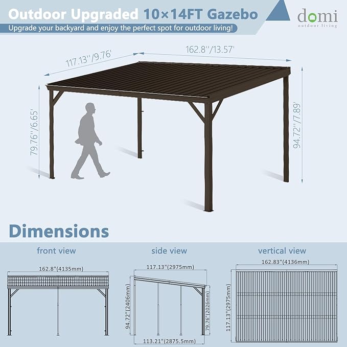 Domi 10’x14’ Wall-Mounted Hardtop Gazebo Pergola – Permanent Lean-to Outdoor Shelter with Sloped Galvanized Steel Roof & Upgraded Drainage – Grey Metal Patio Cover for Backyard, Deck, Garden, Brown