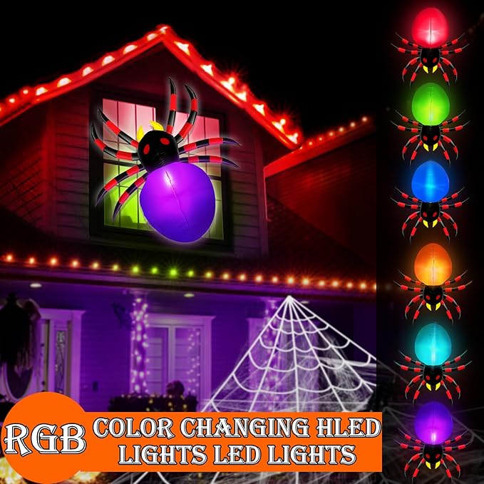 4 Ft Inflatable Halloween Window Decoration, Blow Up Spider Climbing on Window Built-in 6 Color Changing Lights, Halloween Decor for Porch Outdoor Home Party Yard Garden Lawn Holiday Party