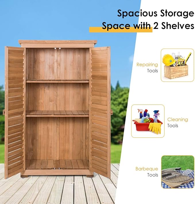 S AFSTAR Outdoor Storage Shed, Wooden Tool Storage Shed w/Detachable Shelves & Pitch Roof & Shutter Vents, Garden Storage Cabinet for Backyard Patio Deck Porch, 34.5”L x 18.5”W x 63”H, Natural