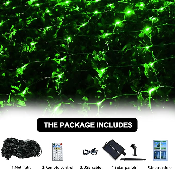 Solar Net Lights Outdoor Mesh Lights Green, Christmas Lights 19 Modes Solar Powered/USB Transparent Wire, 200 LED Fairy Lights for Fence, Garden, Yard, Bushes, Trunk, St. Patrick's Day Decor
