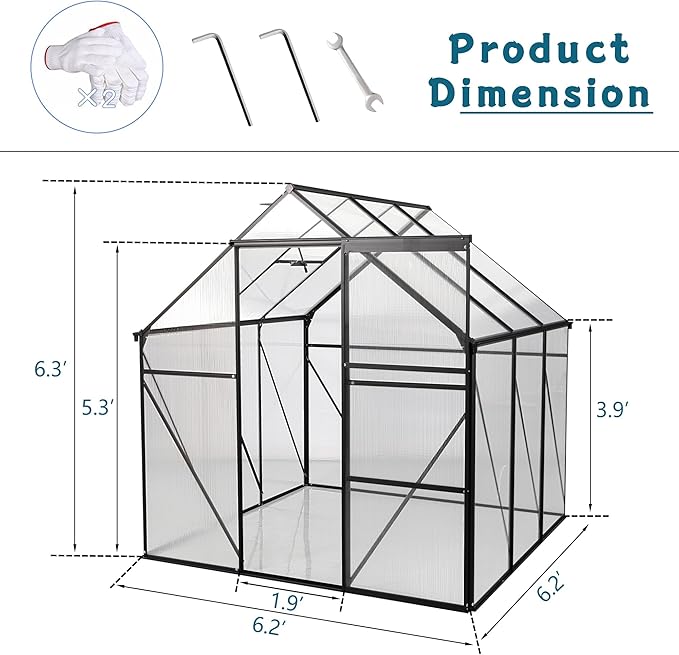 Favfurish 6X6 FT Polycarbonate Greenhouse, All Season Heavy Duty Walk-in Garden Plants Green House for Outdoor Backyard, Raised Base and Anchor Aluminum, Black