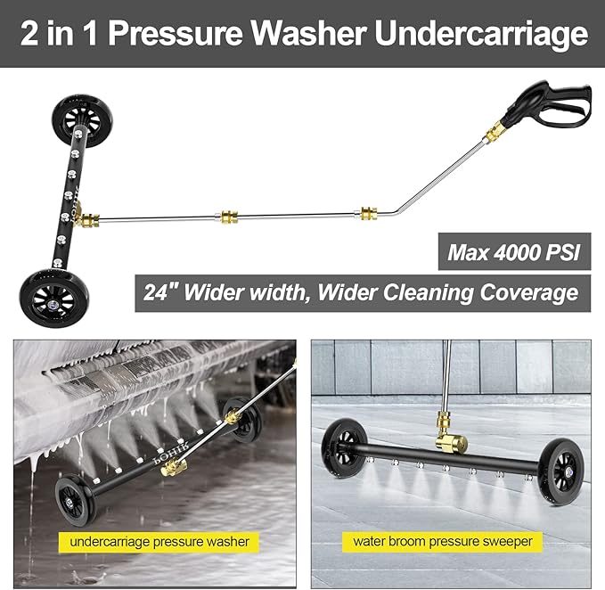 POHIR Undercarriage Pressure Washer Attachment Pro Max 24", Surface Cleaner Water Broom with 3pcs Extension Wand and Quick Connect Pivot Coupler 4000psi, 2 in 1 Underbody Car Washer