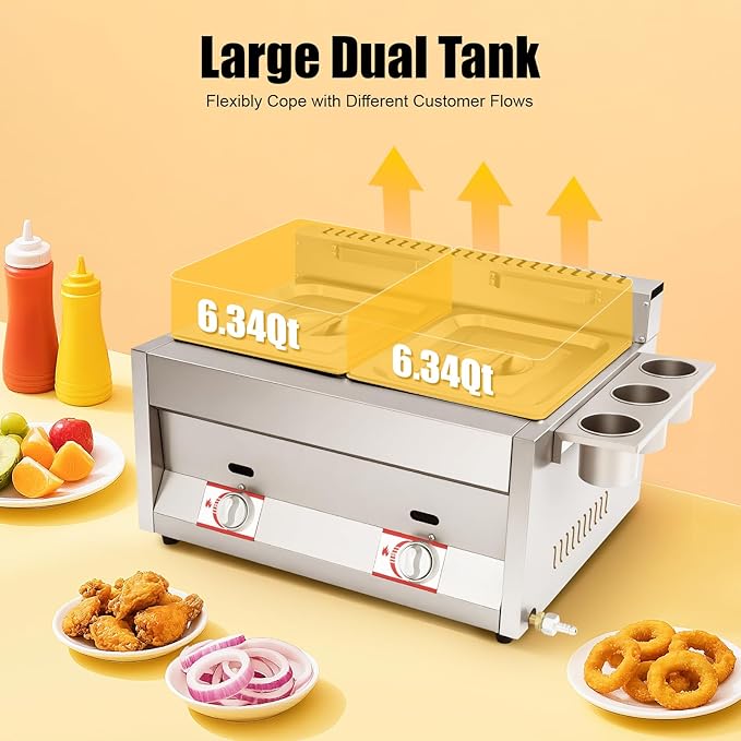 Stainless Steel Low Pressure Gas Deep Fryer with Frying Baskets and Lid, 12.7QT/12L Capacity Countertop Deep Fryer Oil Frying Pot Kitchen Frying Machine Table Snack Fryer Double Cylinder Gas Fryer
