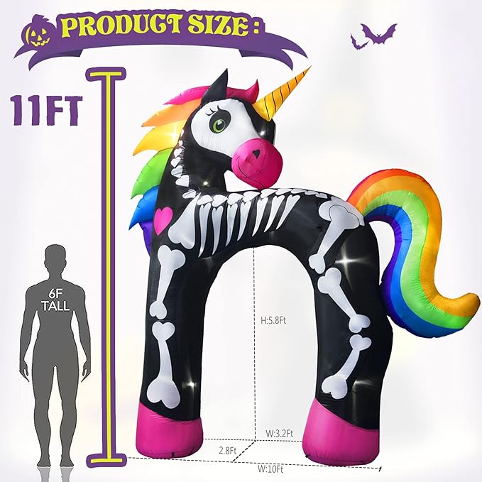 11 Ft Giant Halloween Inflatables Unicorn Arch Decorations Archway Rainbow Skeleton Decor Built in LED Lights Blower Horse Pegasus Carnival Holiday Outdoor Yard Lawn Home Party