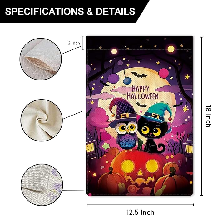 Cute Witch Owl & Black Cat Garden Flag Happy Halloween Flag Full Moonlight Ghost Pumpkin Bats Vertical Double Sided Rustic Farmland Burlap Yard Lawn Outdoor Decor 12.5x18"