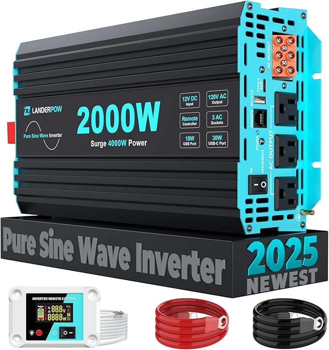 Pure Sine Wave Inverter 2000 Watt, 12V DC to 120V AC Inverters for RV, Truck, Solar, Home, Power Inverter with 3 AC Outlet, 30W USB-C, 5V 3.1A USB, Hardwire Port, Remote Control, Surge 4000W
