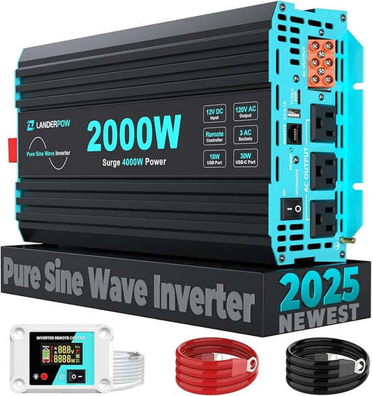 Pure Sine Wave Inverter 2000 Watt, 12V DC to 120V AC Inverters for RV, Truck, Solar, Home, Power Inverter with 3 AC Outlet, 30W USB-C, 5V 3.1A USB, Hardwire Port, Remote Control, Surge 4000W
