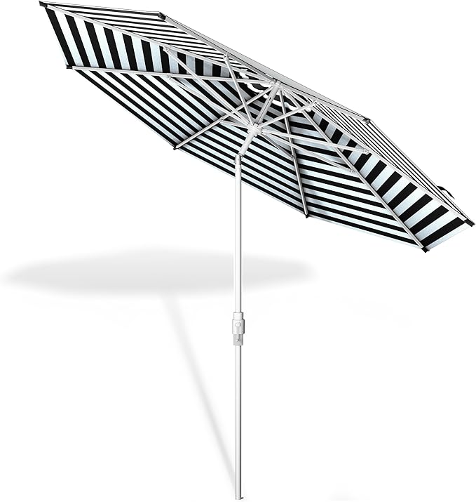 Midtown Umbrellas The Swilt 10 Feet Patio Umbrella in Terylast Zebra (Black/White Stripes) Polyester Fabric - Fiberglass Ribs, Auto-Tilt Aluminum Frame For Backyard, Deck, Garden, Pool - White Pole