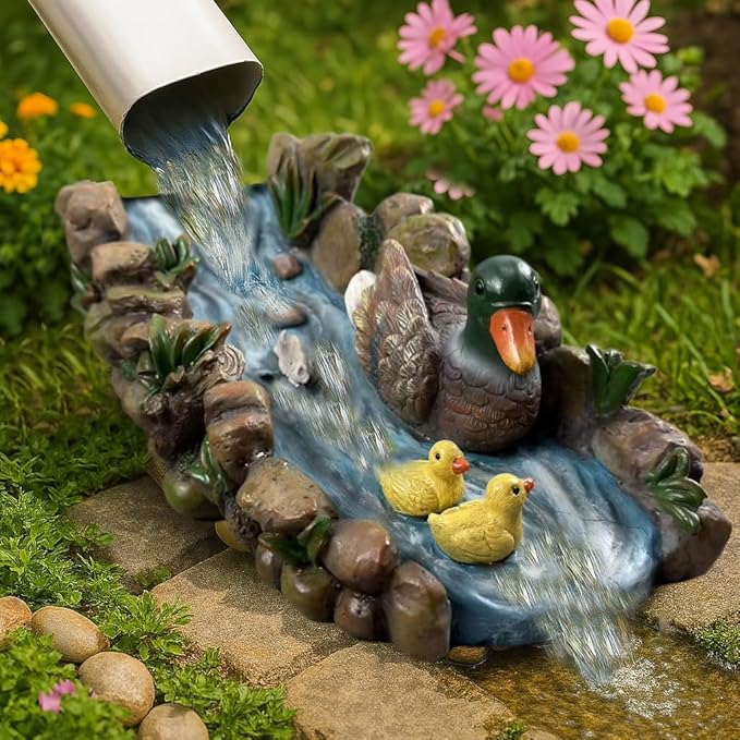 Ducks Splash Block - Decorative Resin Gutter Downspout Diverter, 13.3” x 6.3” x 5.9”, Durable Water Flow Protector for Yard, Garden & Patio, Functional Outdoor Ducks Statue for Rainwater Drainage