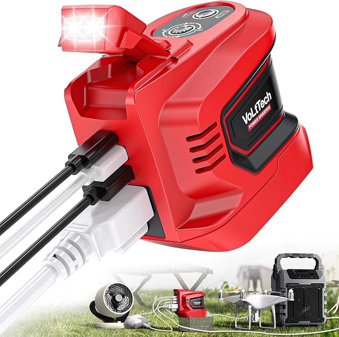 Real 200W Power Inverter Compatible with Milwaukee 18V, VoLtTech Battery Inverter 18V to 110V-120V, Phone Charger USB Charger Adapter with 2 USB Ports & 1 Type-C & 1 AC Outlet (No Battery)