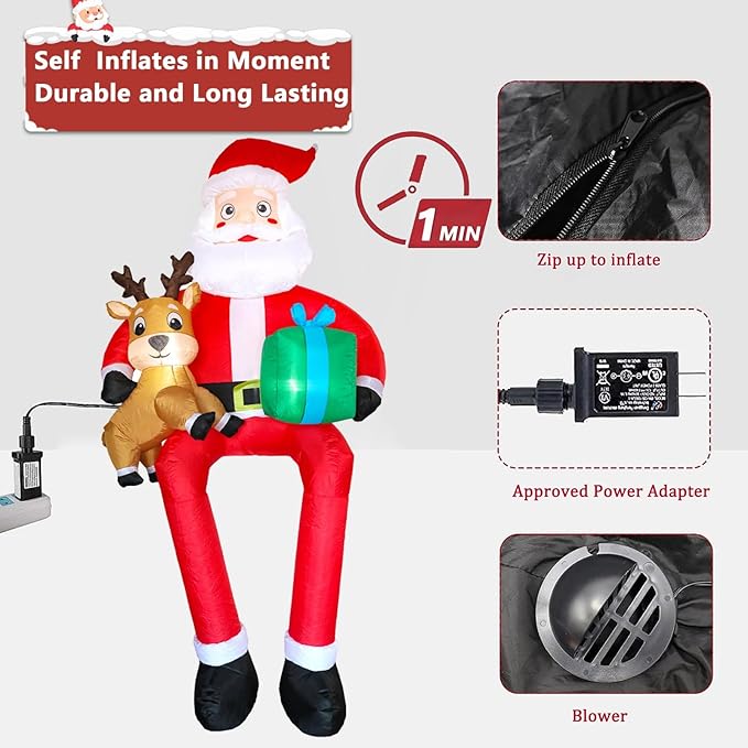 9.5Ft Christmas Inflatables Outdoor Decoration, Giant Sitting Santa Claus & Reindeer with Gift Box Christmas Inflatable with LED Light Blow Up Yard Decorations for Xmas Roof Eaves Lawn