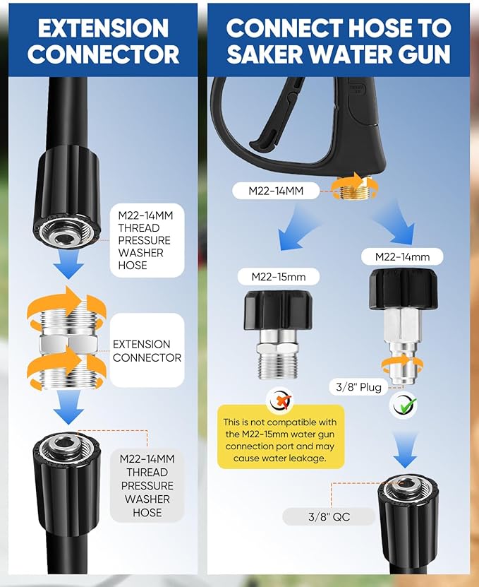Saker Foam Cannon for Pressure Washer Kit with 10 PCS Saker Pressure Washer Hose Connector Set,Pressure Washer Gun for Car Washing and Cleaning,M22-14 Swivel to 3/8'' QC, 3/4" to QD