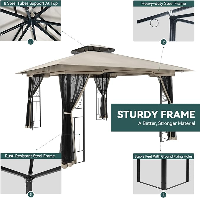 11x13 Outdoor Patio Gazebo with Mosquito Netting and Corner Frame Screen Wall, Double Roofs Metal Frame Party Canopy Tent Shelter for Backyard Garden Deck - Tan