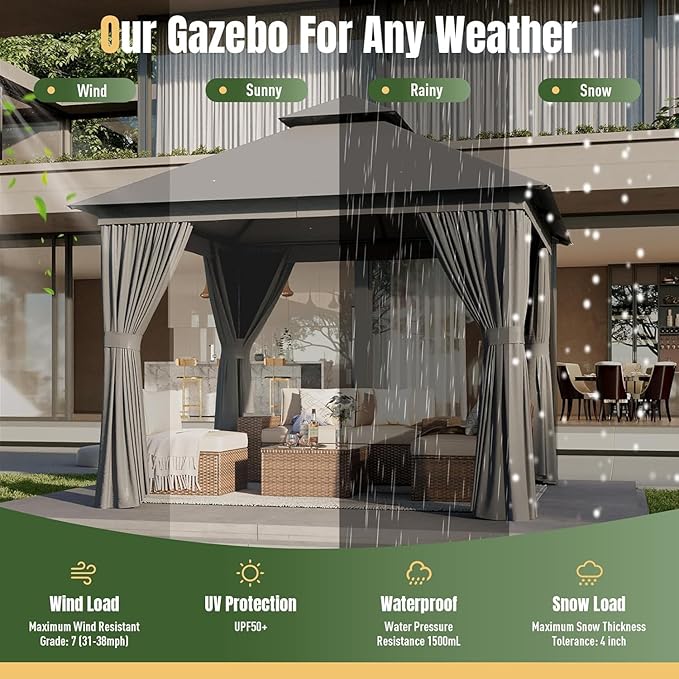 AOXUN Outdoor Gazebo for Patio 10x10, Metal Frame Canopy with Double Roofs, Heavy Duty Party Tent and Shelter with Mosquito Netting and Privacy Screen for Backyard, Lawn, Garden, Deck