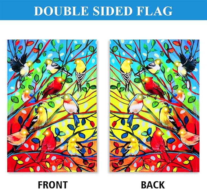 Lighted Tree Birds Garden Flags 12x18 Double Sided Solar LED Flashing Yard Flag for Lawn Outdoor Patio Decorations (Stand Not Included)