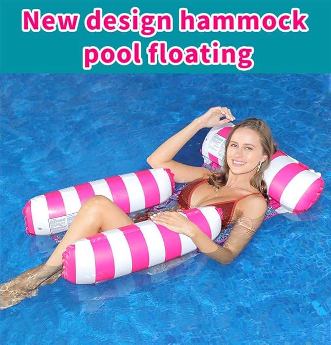 HJW 2-Pack Inflatable Pool Lounger Chair - Multi-Purpose Floating Hammock for Adults, Comfortable Pool Float Raft for Swimming Pool & Water Activities(Striped Dark Blue + Rose red)