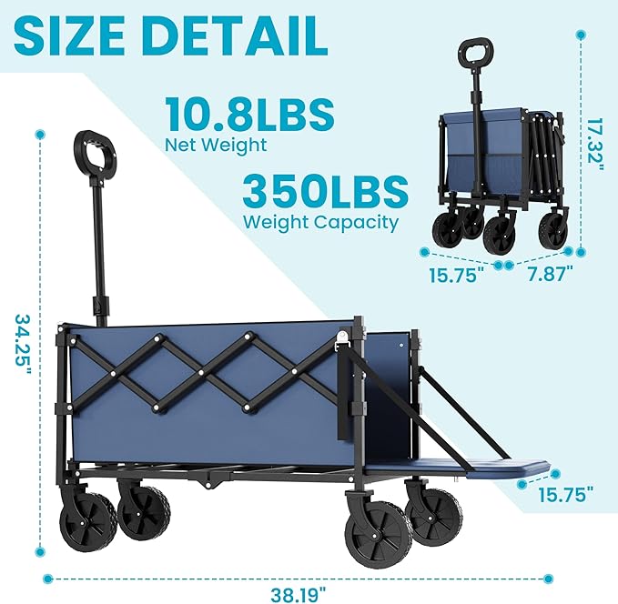 Collapsible Wagon with Tailgate, Ultra-Compact & Portable Folding Wagon with 350lbs Capacity, Lightweight Portable Utility Wagon Cart for Shopping Camping Sports Garden (Navy)