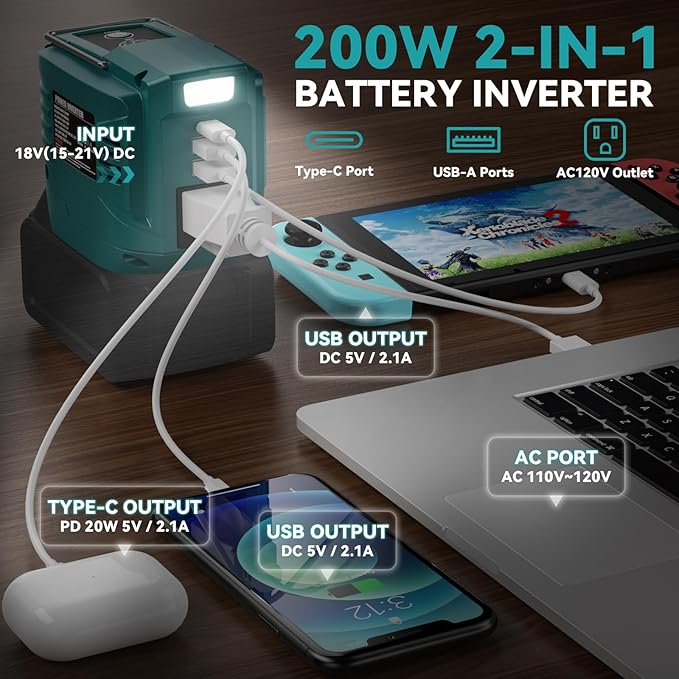200W Power Inverter for Makita 18V, DC 18V to AC 110V Inverter, Portable Power Station with 2 USB Ports & 1 AC Outlet & 1 Type-C Fast Charging, Battery Adapter with LED, Battery Not Included