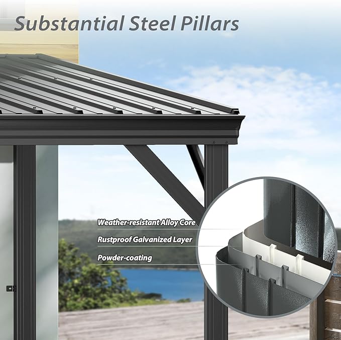 Domi 8'x10' Wall Mounted Hardtop Gazebo, Connectable Lean to Pergola with Gutters & Galvanized Steel Roof, 60MPH Wind Resistance, Outdoor Heavy Duty Metal Awning for Patio, Deck, Backyard - Grey