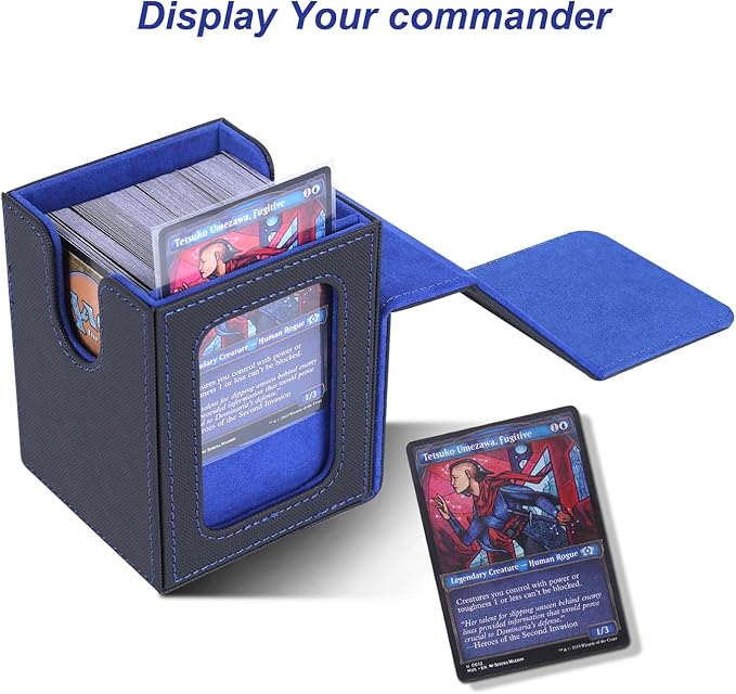 AFIING MTG Deck Box for Commander Display,Card Deck Box Fits 100 Double Sleeved Cards, Magic Commander TCG Storage Box with 2 Dividers,Drawstring Bag and 1 Toploader(Black/Blue)