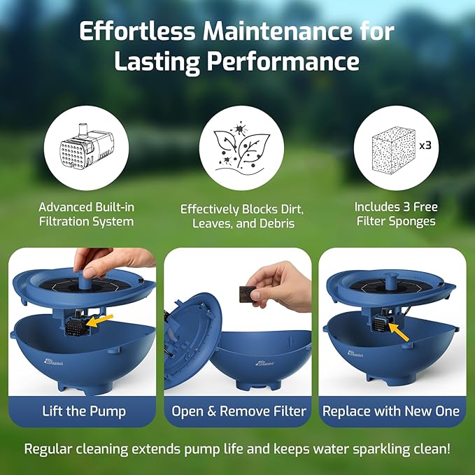 Solar Bird Bath Fountain with Battery, 3-in-1 Hanging & Freestanding Birdbath with Low-Water Protection & 3 Nozzles for Garden, Patio Decor (Deep Blue)