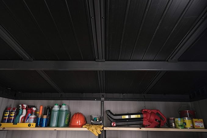 Keter Artisan 9x7 Foot Large Outdoor Shed with Floor with Modern Design for Patio Furniture, Lawn Mower, Tools, and Bike Storage, feet, Grey/Black