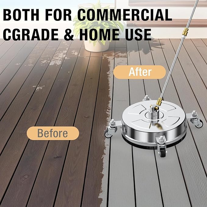 16" Pressure Washer Surface Cleaner with 4 Wheels, Stainless Steel Housing, 4000 PSI Max, 3 Connect Nozzles & 2 Extension Wands, Pressure Washer Surface Cleaner for Concrete, Patios, Sidewalks