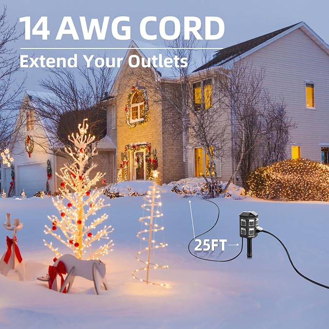 TiFFCOFiO Outdoor Power Strip Weatherproof, 25 FT Extension Cord with Stake, 6 Grounded Outlets for Halloween/Christmas Decorations and Inflatables, 15A/1875W, ETL Listed
