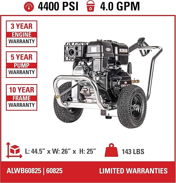 Simpson Cleaning ALWB60825 Aluminum Gas Pressure Washer Powered by Simpson, 4400 PSI at 4.0 GPM 60825