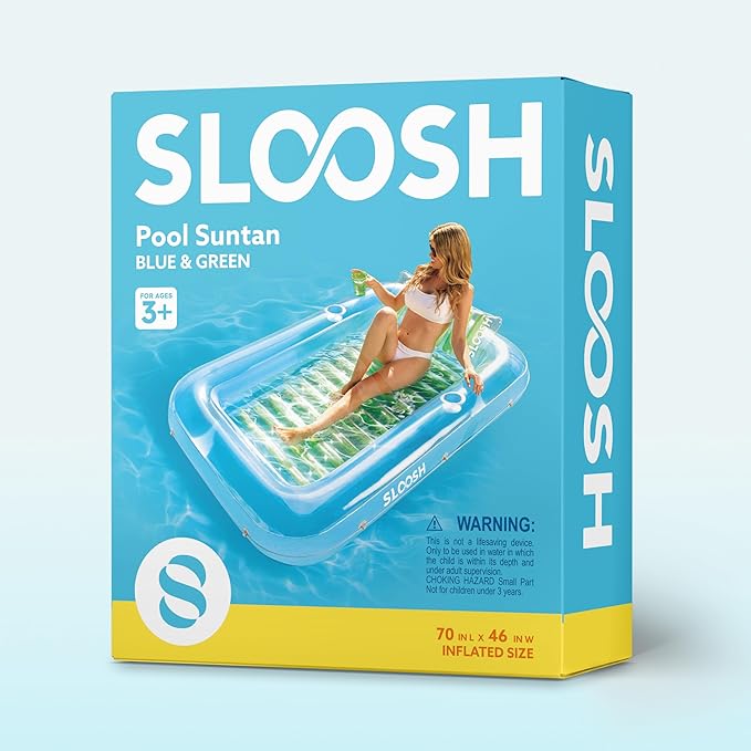 SLOOSH Inflatable Tanning Pool Lounger Float, 70" x 46" Pool Floats Adult with Pillow, 4 in 1 Suntan Tub Raft Floatie,Sunbathing Bed Lounge for Water Blow Up Kids Ball Pit Party Gifts, L-Blue Green